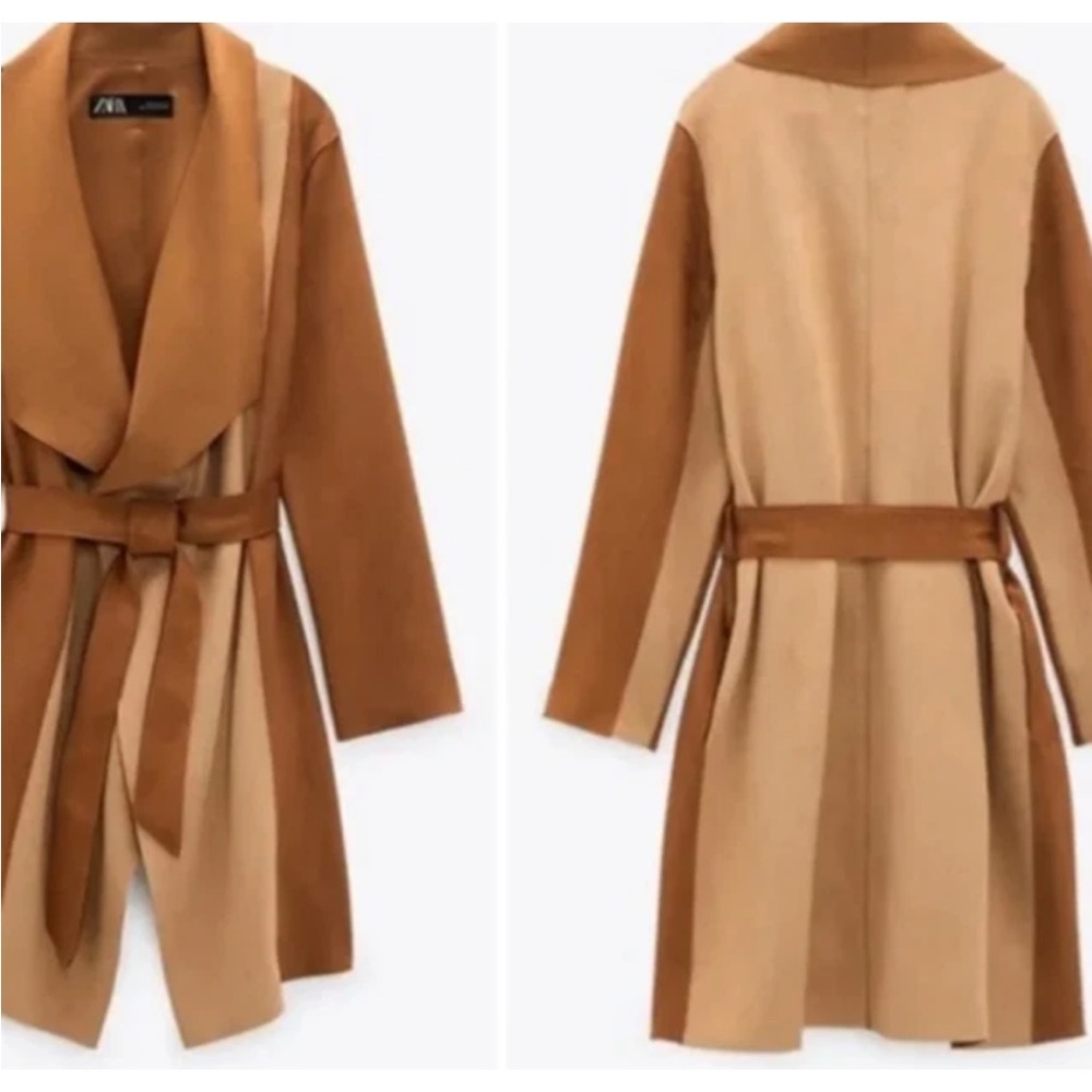 New Zara Faux Suede Two-Tone Belted Waterfall Coat - Picture 3 of 10